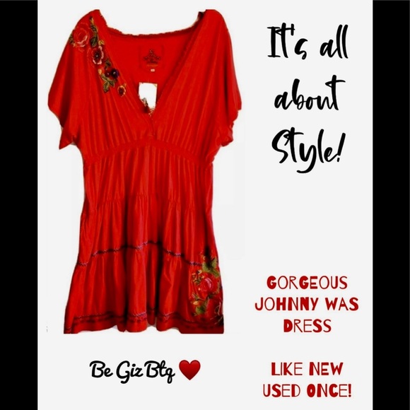 Johnny Was Red Dress Plus 3X Beautiful Embroidery Sexy Midi Dress EUC - Picture 4 of 12